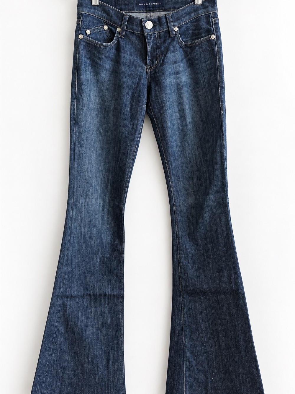 Rock & Republic Indigo Flare Jeans 34” Inseam Embroidered R Pockets Y2K